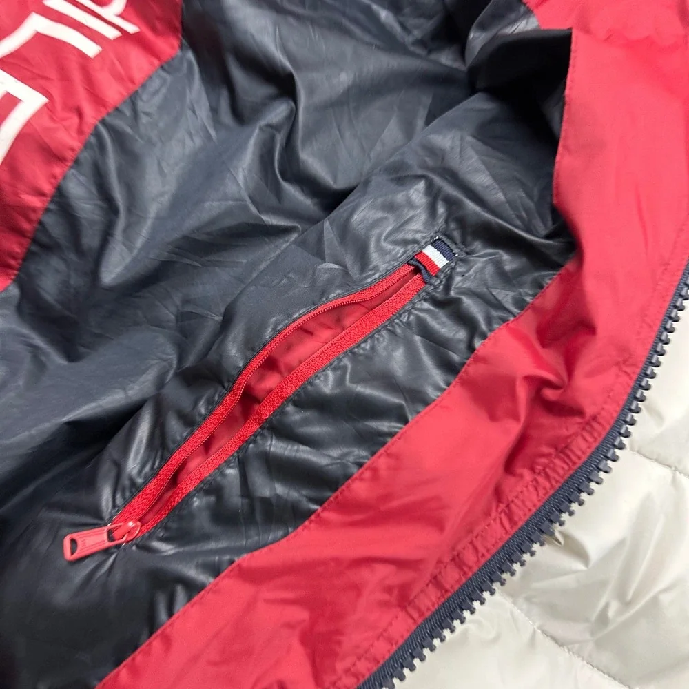 Tommy Hilfiger Mens XL Puffer Jacket Varsity Colorblock Navy White Red Hooded